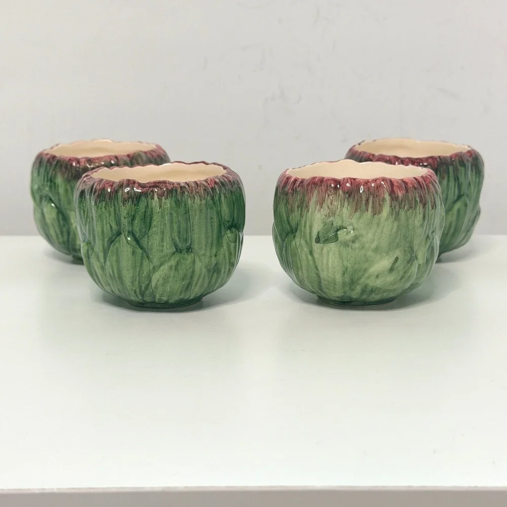 Vintage Sur La Table Artichoke Bowls Set of 4 Green Majolica Portugal Ceramic